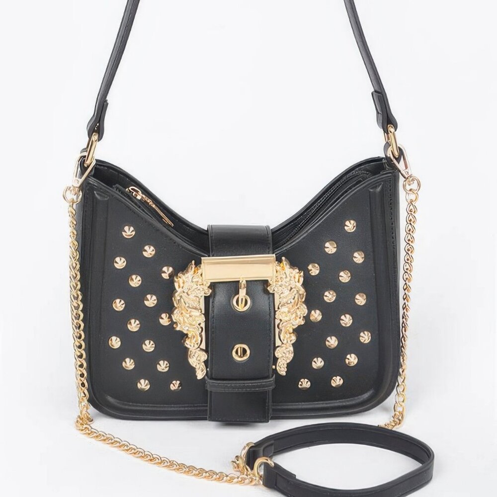 Faux Leather Studded Metal Buckle Shoulder Bag